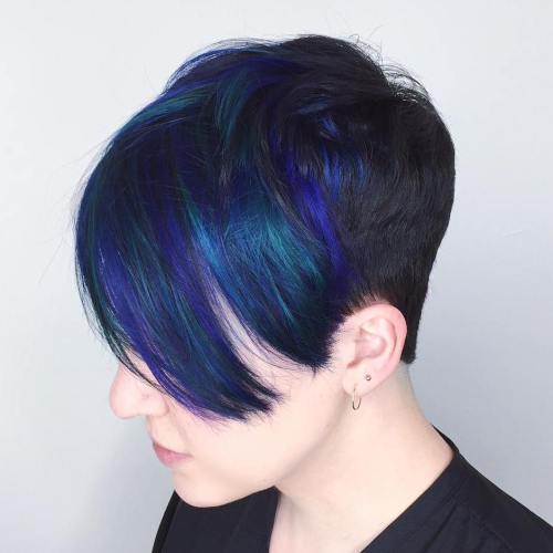 Black Pixie With Long Blue Bangs