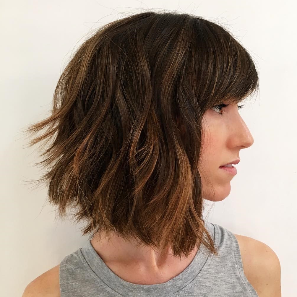 Thick Choppy Brunette Bob with Bangs