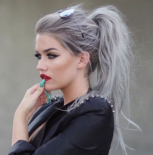 gray hair in messy ponytail